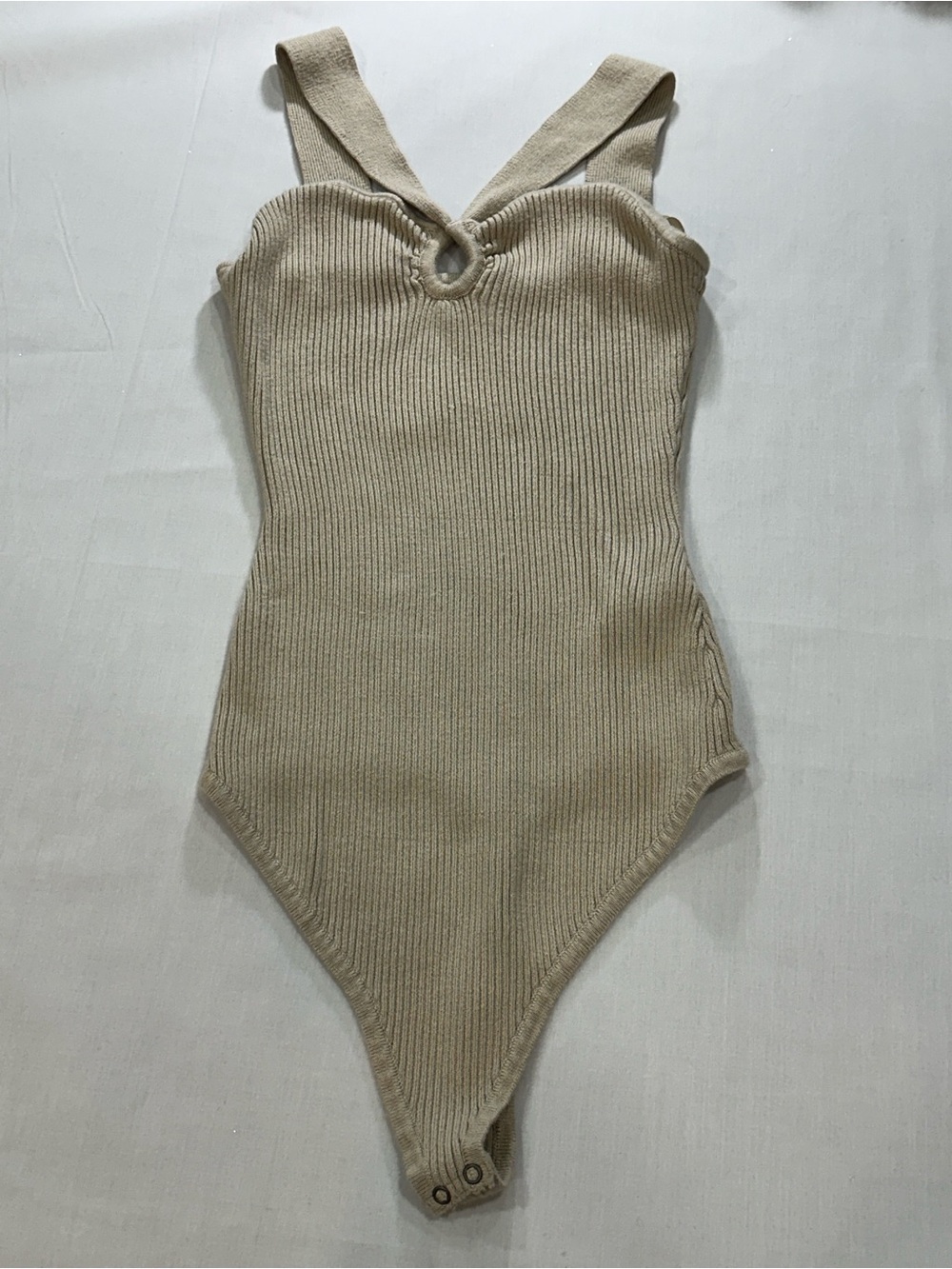 Abercrombie & Fitch Knit Beige Ribbed Bodysuit with Front Keyhole